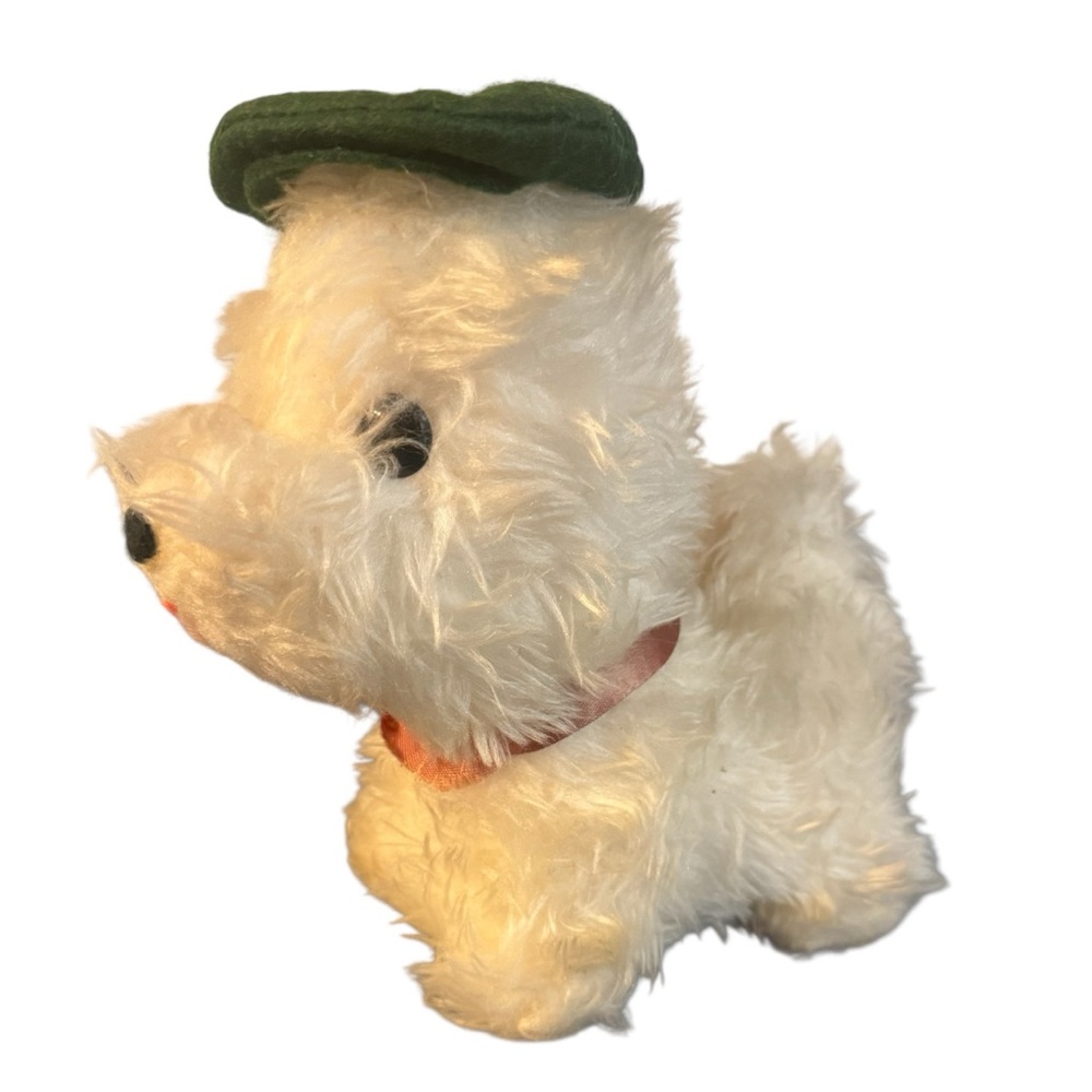 Vintage Antique 50s 60s Stuffed Animal White Scottish Terrier Dog Green Beret 8”